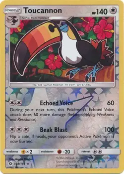 Pokemon Sun and Moon Base Toucannon Rare Reverse Holo 108/149 - Image 1