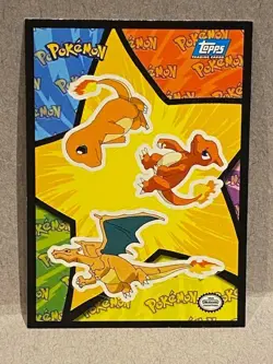 Pokemon Topps Sticker Card #S8 Charmander, Charmeleon & Charizard Blue Logo - Image 1