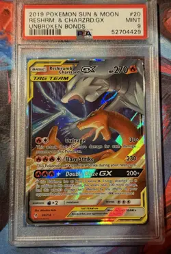 2019 Pokemon Sun And Moon Reshiram & Charizard GX 20/214 Unbroken Bonds PSA 9 - Image 1