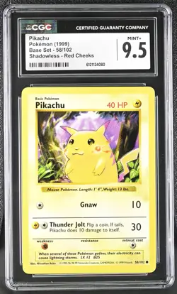 CGC 9.5 Pikachu 1999 Base Set 58/102 Shadowless Red Cheeks Pokemon Card - Image 1