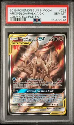 POKEMON SUN & MOON COSMIC ECLIPSE 221 ARCEUS & DIALGA & PALKIA GX PSA 10 - Image 1