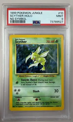 WOTC PSA 9 Pokemon WOTC 1999 Jungle No Symbol ERROR CARD! Scyther Holo #10 MINT - Image 1