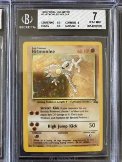 1999 pokemon Fossil unlimited holo Rare Hitmonlee 7/62 Beckett 7 - Image 1