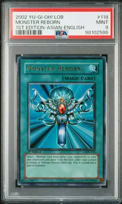 Monster Reborn Yugioh 2002 Ultra Rare LOB 1st Edition Asian English #118 PSA 9 - Image 1