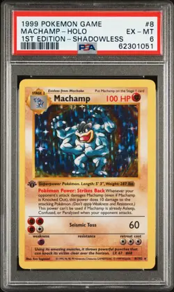 1999 POKEMON BASE SET 1ST EDITION-SHADOWLESS #8 MACHAMP-HOLO PSA 6 - Image 1