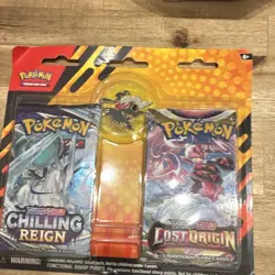 Pokemon TCG Chilling Reign & Lost Origin Booster Packs Promo Set with Metal Pin - Image 1