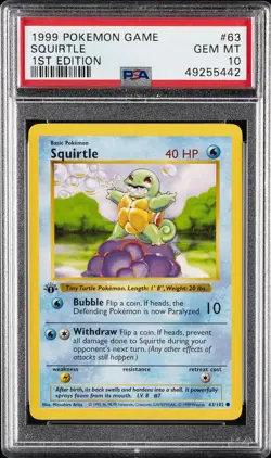 1999 POKEMON BASE SET 1ST EDITION #63 SQUIRTLE PSA 10 - Image 1