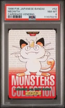 1996 POKEMON JPN BANDAI CARDDASS VENDING #52 MEOWTH PSA 8 - Image 1