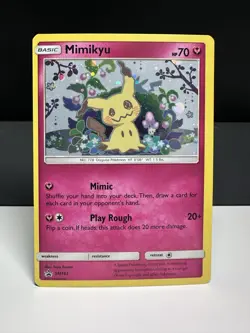 Mimikyu Promo SM163 Team Up Blister Pokemon Card Sun & Moon Cosmo Holo 2019 - Image 1