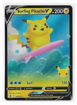 Surfing Pikachu V 008/025 Pokemon Celebrations Sword & Shield Rare Card NM - Image 1