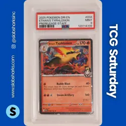 2025 POKEMON DESTINED RIVALS #034/182 ETHANS TYPHLOSION STAFF HOLO PSA 9 - Image 1