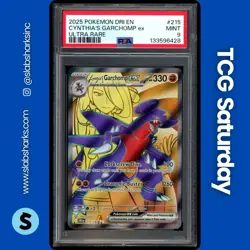 2025 POKEMON DESTINED RIVALS #215/182 CYNTHIA'S GARCHOMP EX FA ULTRA RARE PSA 9 - Image 1