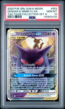 PSA 10 Gem Mint Gengar & Mimikyu GX #53 Tag Team Pokemon Card Indonesian - Image 1