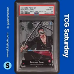 2023 ONE PIECE PROMO PREMIUM CARD COLL 25TH ED #OP01-001 RORONOA ZORO PSA 10 - Image 1
