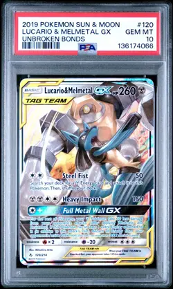 2019 POKEMON SUN & MOON UNBROKEN BONDS #120 LUCARIO & MELMETAL GX PSA 10 FREE SH - Image 1
