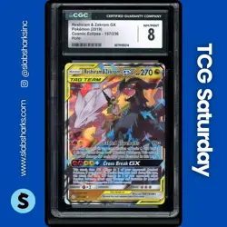 2019 POKEMON S&M COSMIC ECLIPSE #157/236 RESHIRAM ZEKROM GX TAG TEAM HOLO CGC 8 - Image 1