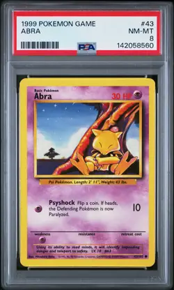 1999 POKEMON BASE SET UNLIMITED #43 ABRA PSA 8 - Image 1