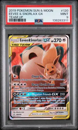 2019 POKEMON SUN & MOON TEAM UP #120 EEVEE & SNORLAX GX PSA 9 - Image 1