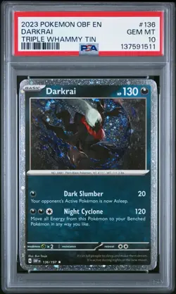 2023 POKEMON OBF W/ SWIRL DARKRAI #136 COSMO HOLO TRIPLE WHAMMY TIN PSA 10 - Image 1