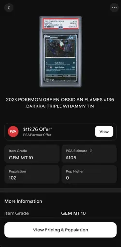 2023 POKEMON OBF W/ SWIRL DARKRAI #136 COSMO HOLO TRIPLE WHAMMY TIN PSA 10 - Image 4