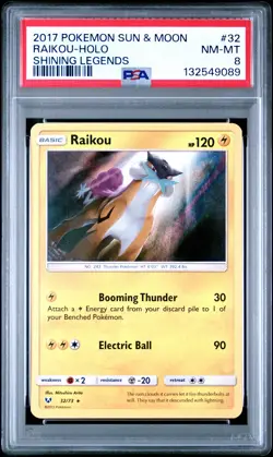 2017 POKEMON SUN & MOON SHINING LEGENDS #32 RAIKOU-HOLO PSA 8 - Image 1