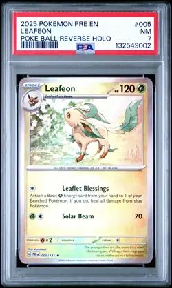 2025 POKEMON PRE EN-PRISMATIC EVOLUTIONS POKE BALL REVERSE HOLO LEAFEON PSA 7 - Image 1