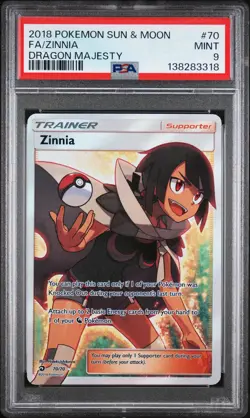 2018 POKEMON SUN & MOON DRAGON MAJESTY #70 FULL ART/ZINNIA PSA 9 - Image 1