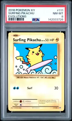 2016 POKEMON XY EVOLUTIONS #111 SURFING PIKACHU PSA 8 - Image 1