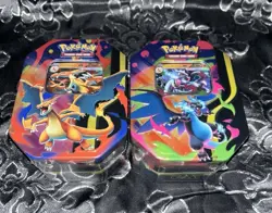 (Lot of 2) Pokemon TCG: Mega Charizard X and Y ex Tins - New, Sealed In Hand - Image 1