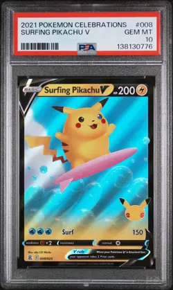 2021 POKEMON CELEBRATIONS #008 SURFING PIKACHU V PSA 10 - Image 1