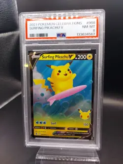 PSA 8 NEAR MINT 2021 Pokemon Celebrations SURFING PIKACHU #008 Full Art - Image 1