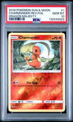 2018 POKEMON SUN & MOON DRAGON MAJESTY #1 CHARMANDER-REVERSE FOIL PSA 10 - Image 1
