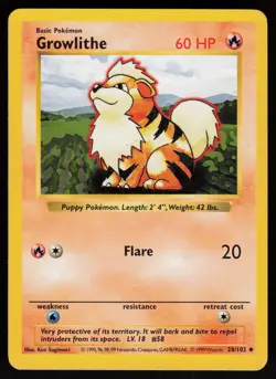 Growlithe 28/102 Uncommon Base Set Shadowless Pokemon - Image 1