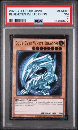 2025 YU-GI-OH! OP28-OTS TOURNAMENT PACK 28 #EN001 BLUE-EYES WHITE DRAGON PSA 7 - Image 1