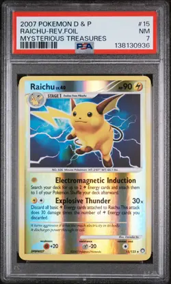 2007 POKEMON DIAMOND & PEARL MYSTERIOUS TREASURES #15 RAICHU-REVERSE FOIL PSA 7 - Image 1
