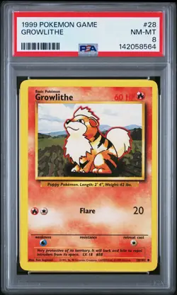 1999 POKEMON BASE SET UNLIMITED #28 GROWLITHE PSA 8 - Image 1