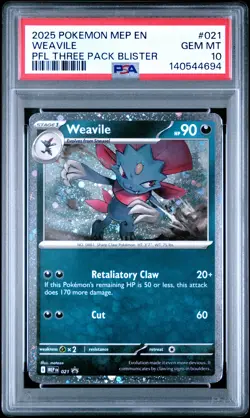 2025 POKEMON MEP PHANTASMAL FLAMES THREE PACK BLISTER #021 WEAVILE PSA 10 - Image 1