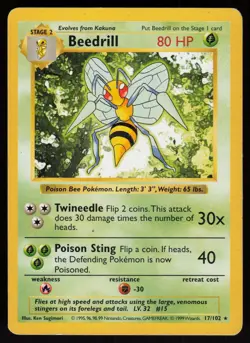 Beedrill 17/102 Rare Base Set Shadowless Pokemon - Image 1