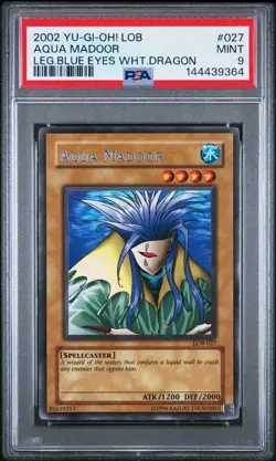 2002 YU-GI-OH! LOB-LEGEND OF BLUE EYES WHITE DRAGON #027 AQUA MADOOR PSA 9 - Image 1