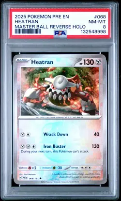 2025 POKEMON PRE EN-PRISMATIC EVOLUTIONS MASTER BALL REVERSE HOLO HEATRAN PSA 8 - Image 1