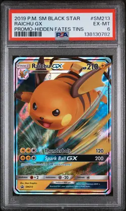 2019 POKEMON SM BLACK STAR PROMO HIDDEN FATES TINS #SM213 RAICHU GX PSA 6 - Image 1
