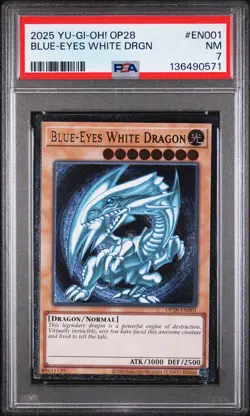 2025 YU-GI-OH! OP28-OTS TOURNAMENT PACK 28 #EN001 BLUE-EYES WHITE DRAGON PSA 7 - Image 1