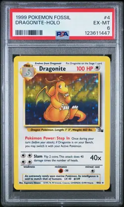 1999 POKEMON FOSSIL #4 DRAGONITE-HOLO PSA 6 - Image 1