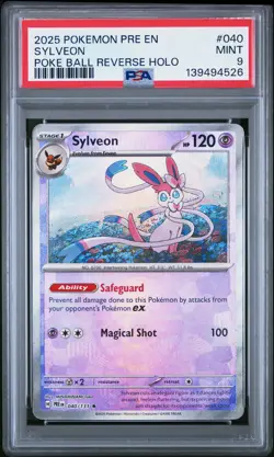2025 POKEMON PRE EN-PRISMATIC EVOLUTIONS POKE BALL REVERSE HOLO SYLVEON PSA 9 - Image 1