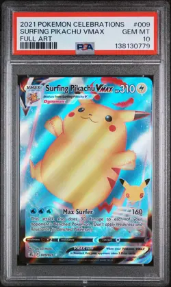 2021 POKEMON CELEBRATIONS #009 FULL ART/SURFING PIKACHU VMAX PSA 10 - Image 1