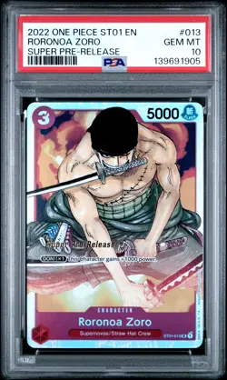 2022 ONE PIECE STARTER DECK STRAW HAT CREW PRE-RELEASE #013 RORONOA ZORO PSA 10 - Image 1