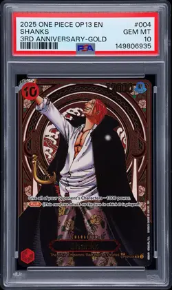 2025 ONE PIECE OP13-CARRYING ON HIS WILL 3RD ANNIVERSARY-GOLD #004 SHANKS PSA 10 - Image 1
