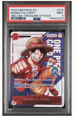 2025 ONE PIECE 3RD ANNIVERSARY TREASURE PACK #014 MONKEY D. LUFFY PSA 9 💎! - Image 1