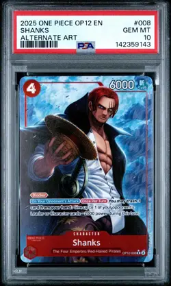 2025 One Piece OP12 EN Shanks PSA 10 GEM ALTERNATE ART FULL ART #008 RARE - Image 1