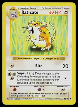 Pokemon Card - Raticate Base Set (Shadowless) 40/102 Uncommon - Image 1